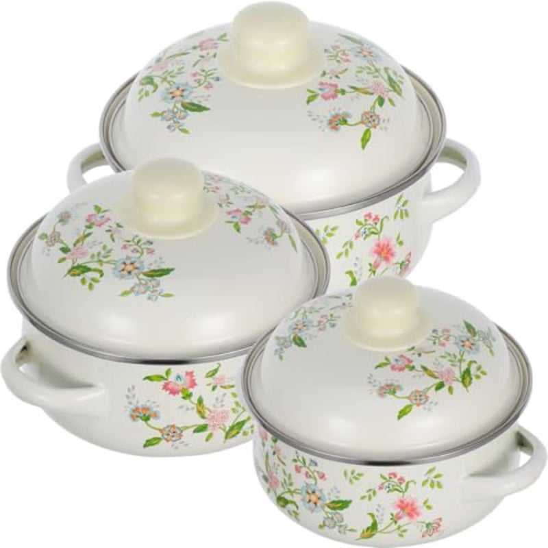 3pcs Enamel Mini Soup Pot for stovetop stewing, casserole cooking, sauce braising; beige enamel-coated steel with durable handles and lid - Image 1