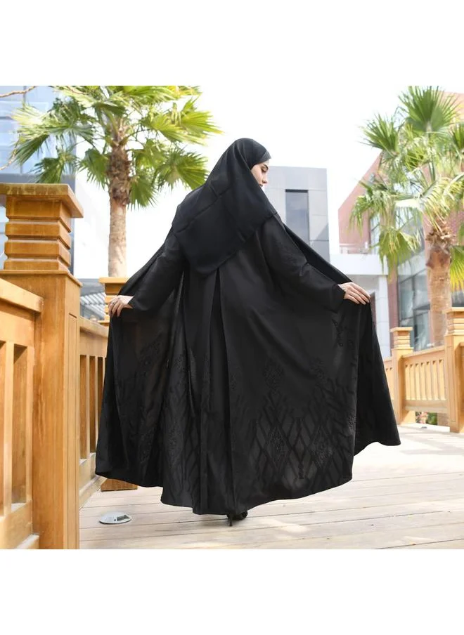 HAWRAA ABAYA Elegant black wrap abaya with matte black embroidery all over the abaya and a pleat at the back