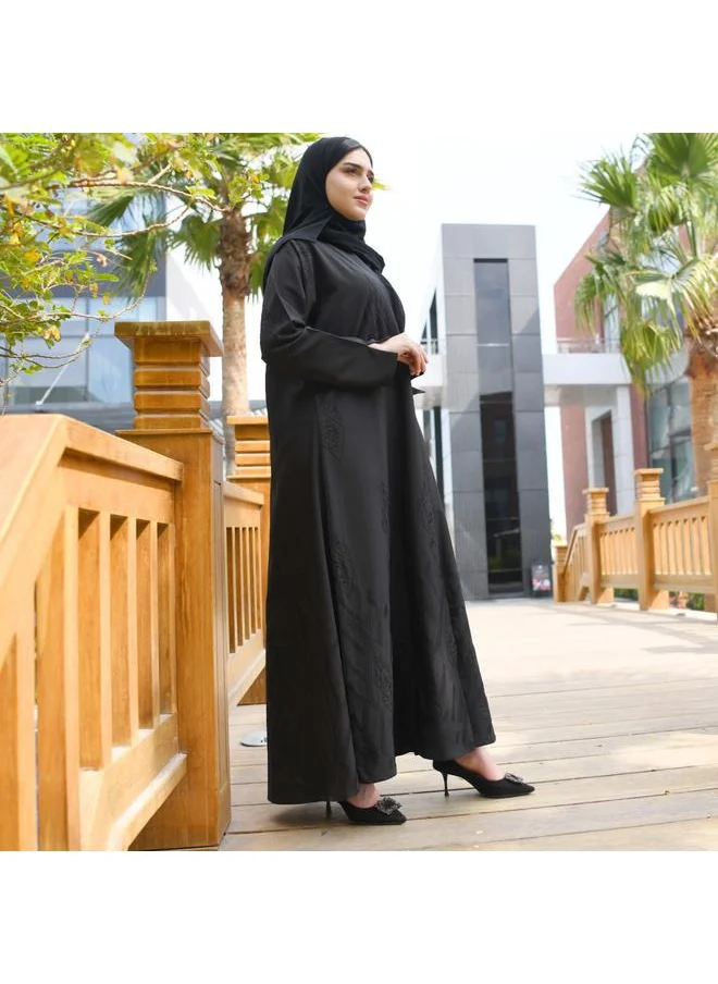 HAWRAA ABAYA Elegant black wrap abaya with matte black embroidery all over the abaya and a pleat at the back