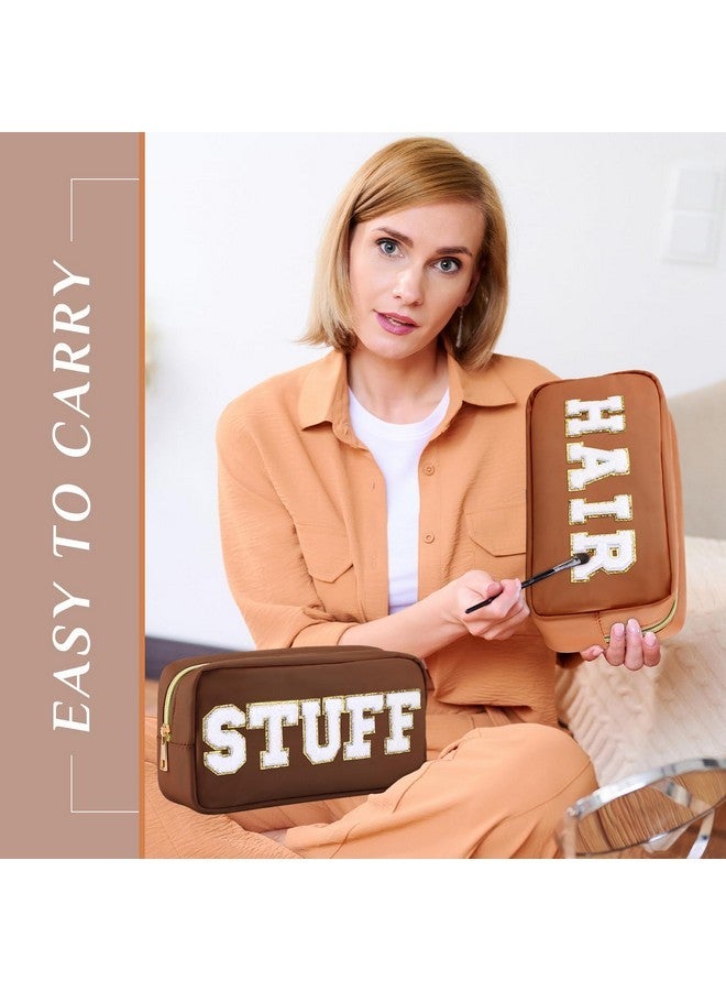 Remerry 4 Pcs Nylon Cosmetic Bag Travel Organizer Chenille Letter Makeup Pouch Zipper Preppy Waterproof Hair Bag Toiletry Pouch For Women Girls(Brown Series) - Image 5