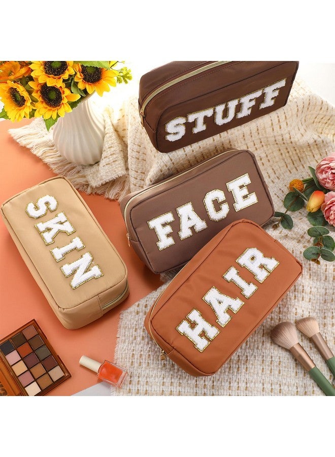 Remerry 4 Pcs Nylon Cosmetic Bag Travel Organizer Chenille Letter Makeup Pouch Zipper Preppy Waterproof Hair Bag Toiletry Pouch For Women Girls(Brown Series) - Image 2