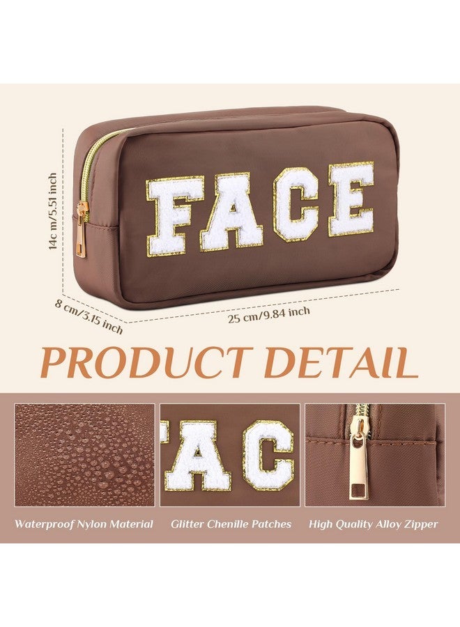 Remerry 4 Pcs Nylon Cosmetic Bag Travel Organizer Chenille Letter Makeup Pouch Zipper Preppy Waterproof Hair Bag Toiletry Pouch For Women Girls(Brown Series) - Image 3