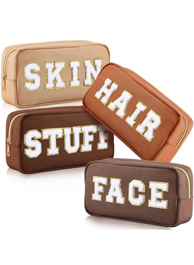 Remerry 4 Pcs Nylon Cosmetic Bag Travel Organizer Chenille Letter Makeup Pouch Zipper Preppy Waterproof Hair Bag Toiletry Pouch For Women Girls(Brown Series) - Image 1
