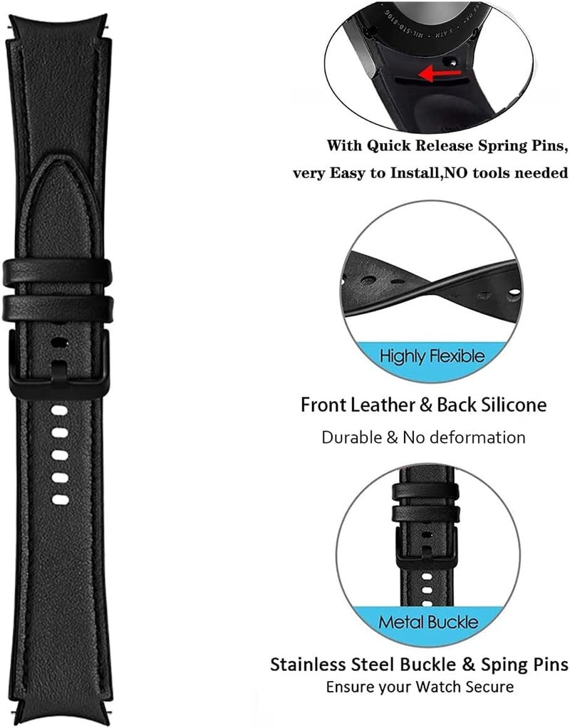 كاست ويف سوار ساعة من الجلد لساعة Galaxy Watch 4/4 Classic مقاس 42 مم/46 مم، قطعتان من سوار الساعة سريع التبديل مقاس 20 مم، سوار هجين من السيليكون مقاوم للعرق (أسود + بني) - Image 3