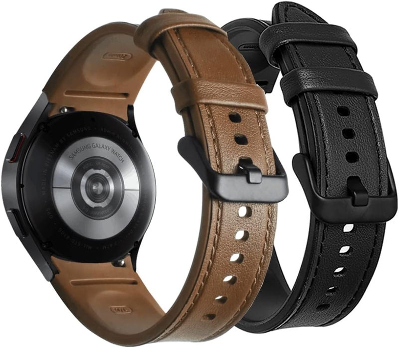 كاست ويف سوار ساعة من الجلد لساعة Galaxy Watch 4/4 Classic مقاس 42 مم/46 مم، قطعتان من سوار الساعة سريع التبديل مقاس 20 مم، سوار هجين من السيليكون مقاوم للعرق (أسود + بني) - Image 1