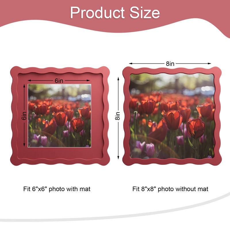 ثكرلوف إطار صور THKRLOF مقاس 8x8 بوصة مع حافة داخلية لإطار صور 6x6 بوصة، إطار خشبي ذو حواف مموجة وزجاج حقيقي، مناسب لوضعه على الطاولة أو تعليقه على الحائط، لون أحمر، عبوة واحدة - Image 3