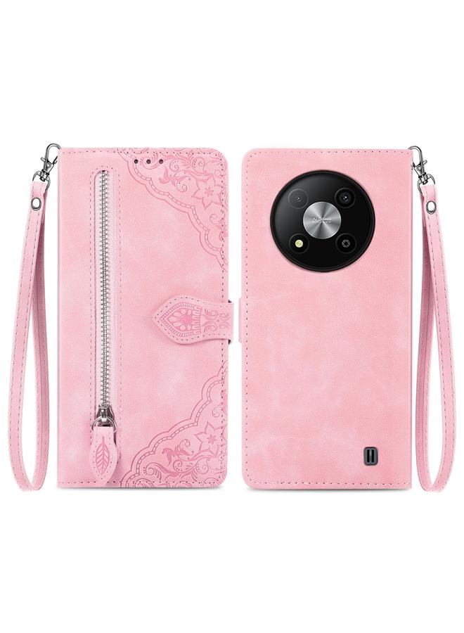 Green Tiger For ZTE Blade A73 5G Embossed Flower Zipper Leather Phone Case(Pink)