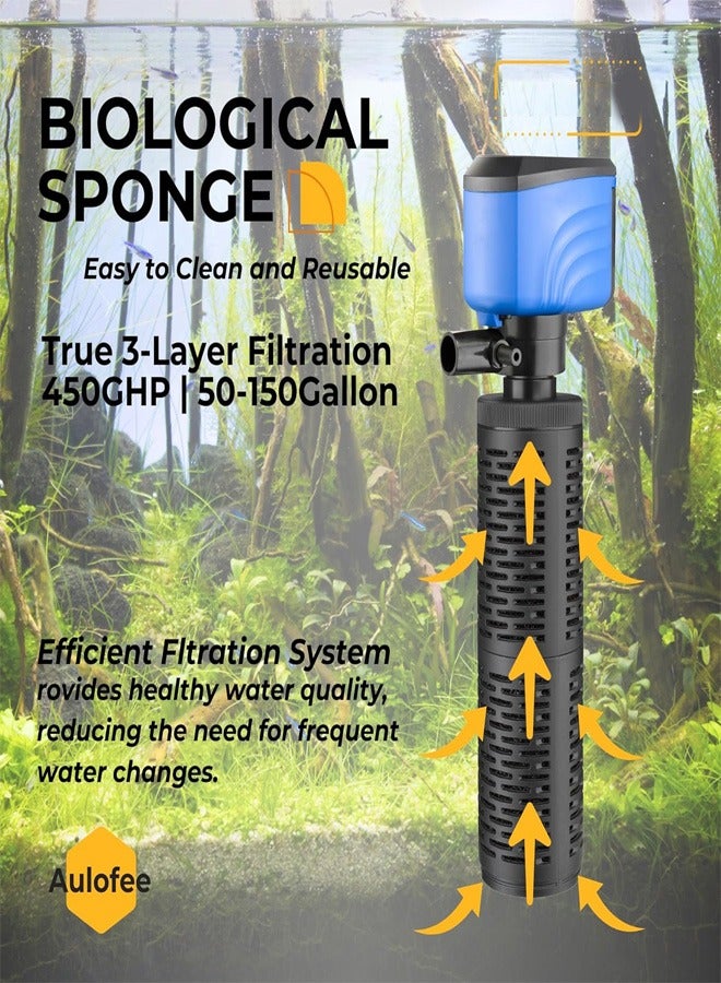 50-150 Gallon Aquarium Filter, 450 GPH Fish Tank Filter, Internal Turtle Tank Filter for Large Fish Tanks, Water Circulation, Air Supply, Suitable for Saltwater & Freshwater, Whisper Filter