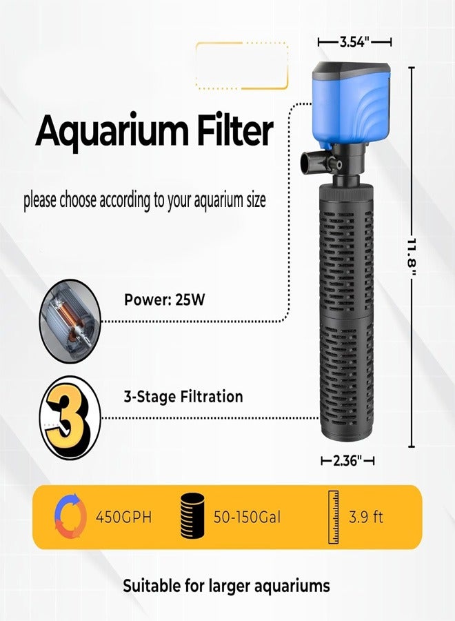 50-150 Gallon Aquarium Filter, 450 GPH Fish Tank Filter, Internal Turtle Tank Filter for Large Fish Tanks, Water Circulation, Air Supply, Suitable for Saltwater & Freshwater, Whisper Filter
