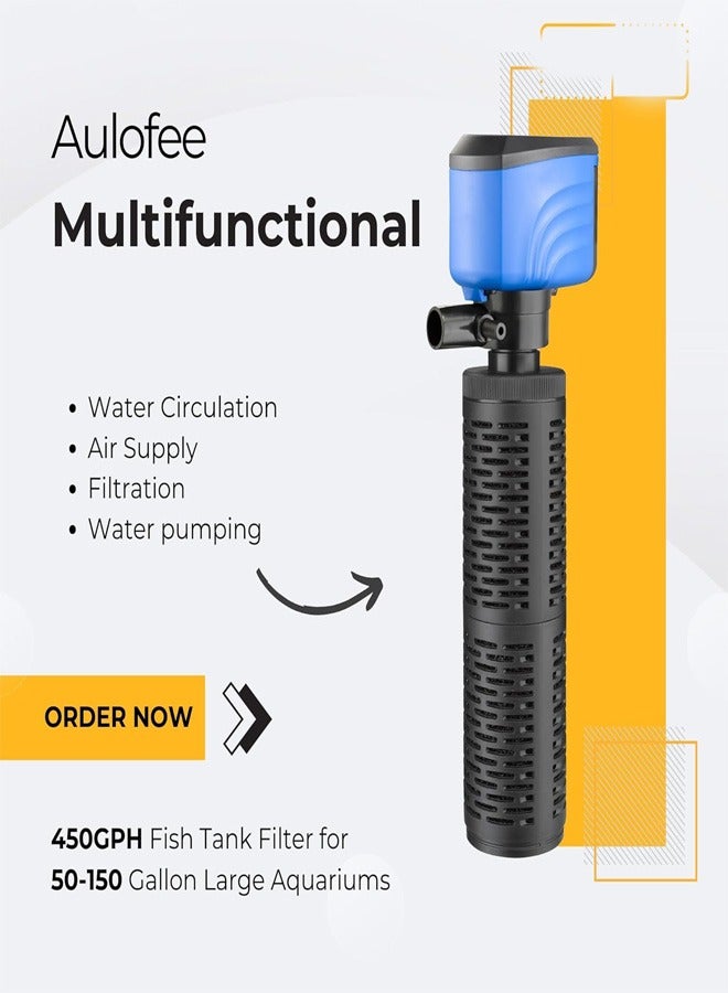 50-150 Gallon Aquarium Filter, 450 GPH Fish Tank Filter, Internal Turtle Tank Filter for Large Fish Tanks, Water Circulation, Air Supply, Suitable for Saltwater & Freshwater, Whisper Filter