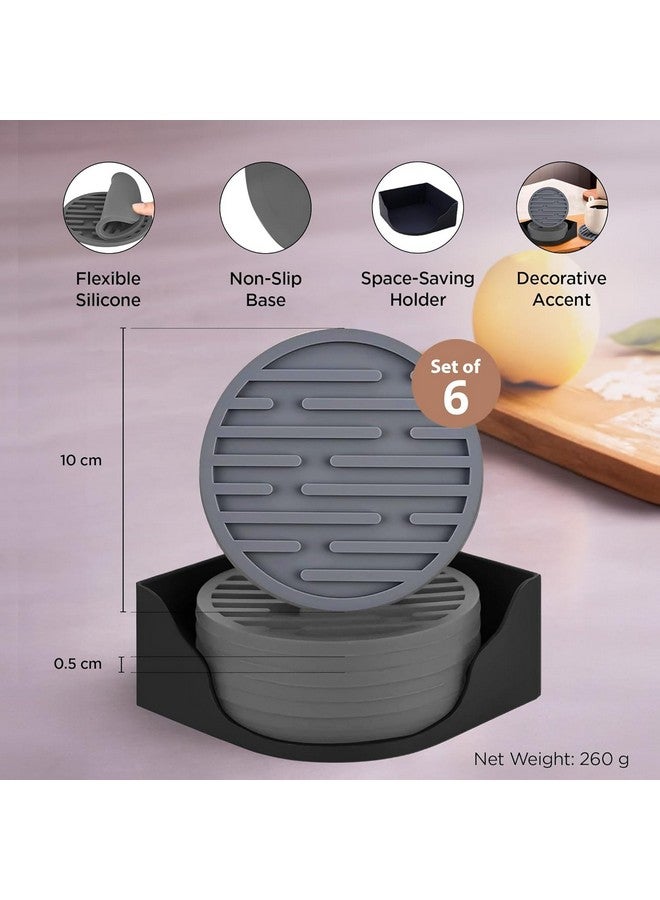 Kuber Industries Kuber Industries 6 Pcs Anti-Skid Tea Coaster With Holder - Silicone Round Tea Cup & Water Glass Cover Top Lid for Teapoy - Grey  - Image 3
