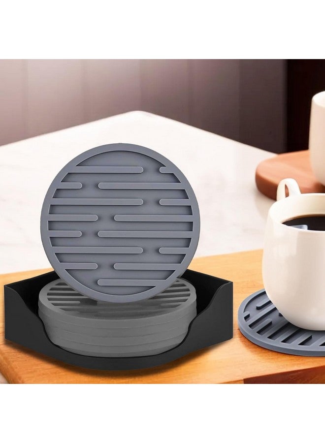 Kuber Industries Kuber Industries 6 Pcs Anti-Skid Tea Coaster With Holder - Silicone Round Tea Cup & Water Glass Cover Top Lid for Teapoy - Grey  - Image 2