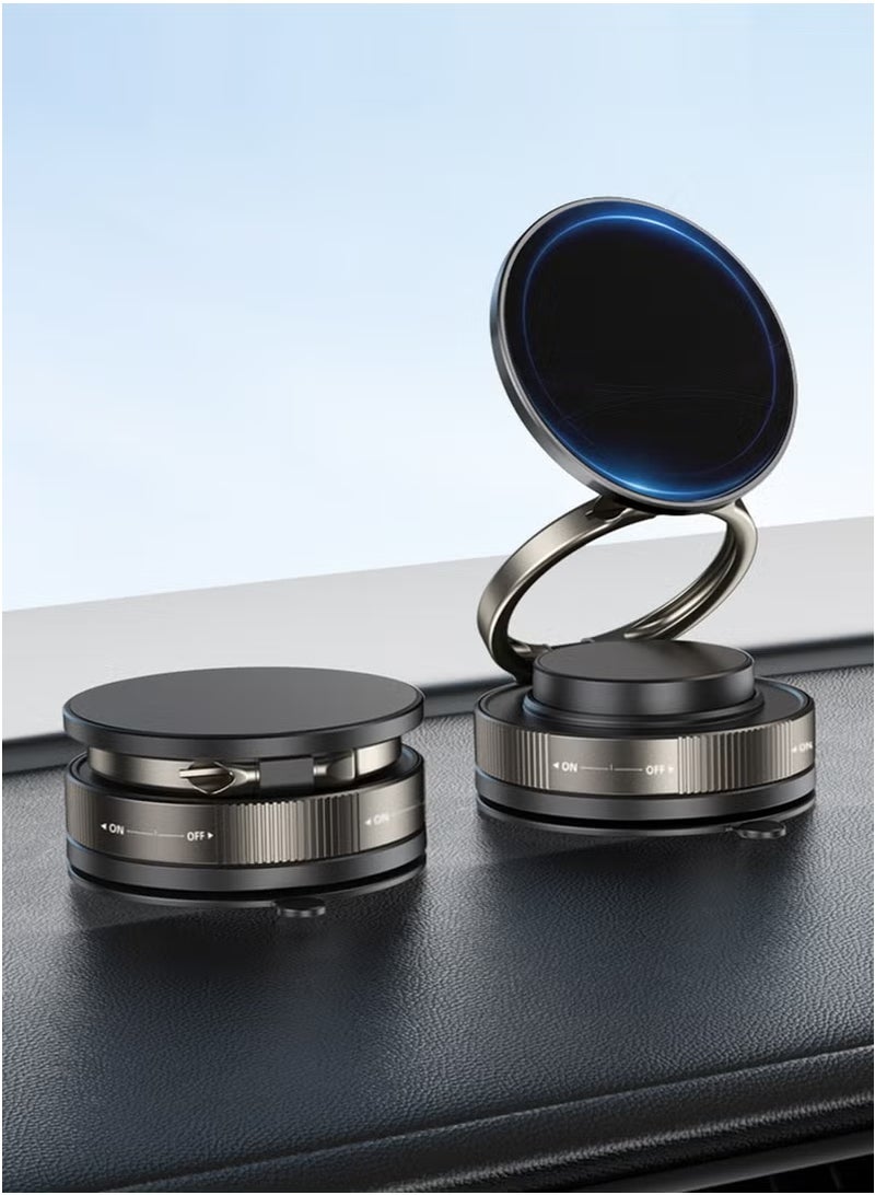 Vacuum Magnetic Car Phone Mount - 360° Rotating Foldable Dashboard Suction Cup Holder with N54 Strong Magnet, Universal Compatibility for Smartphones (Black)  - Image 1