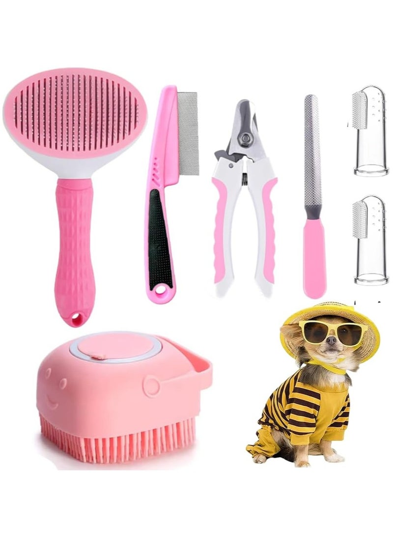 7 Pcs Cat Dog Brush Grooming Kits, Self Cleaning Slicker Brush, Pet Nail Clipper and File, Flea Comb, Pet Shampoo Bath Brush, Pet Finger Toothbrush (Pink) - Image 1