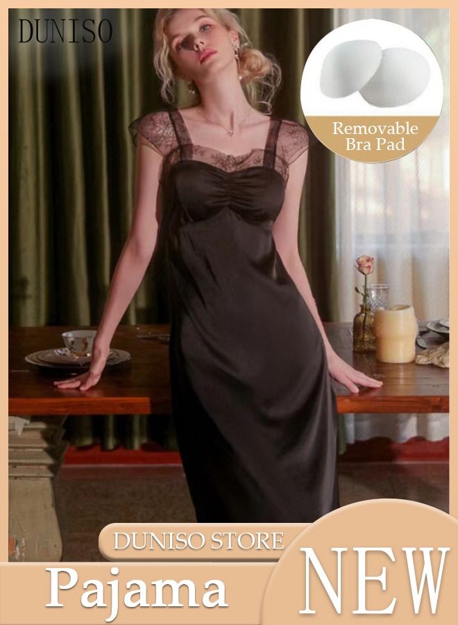 DUNISO Women's Sleeveless Nightgown Camisole Sleep Dress Built in Bra Removable Pads Nightwear Softable Silk Sling Pajama Dress Lace Long Nightdress For Ladies - Image 1