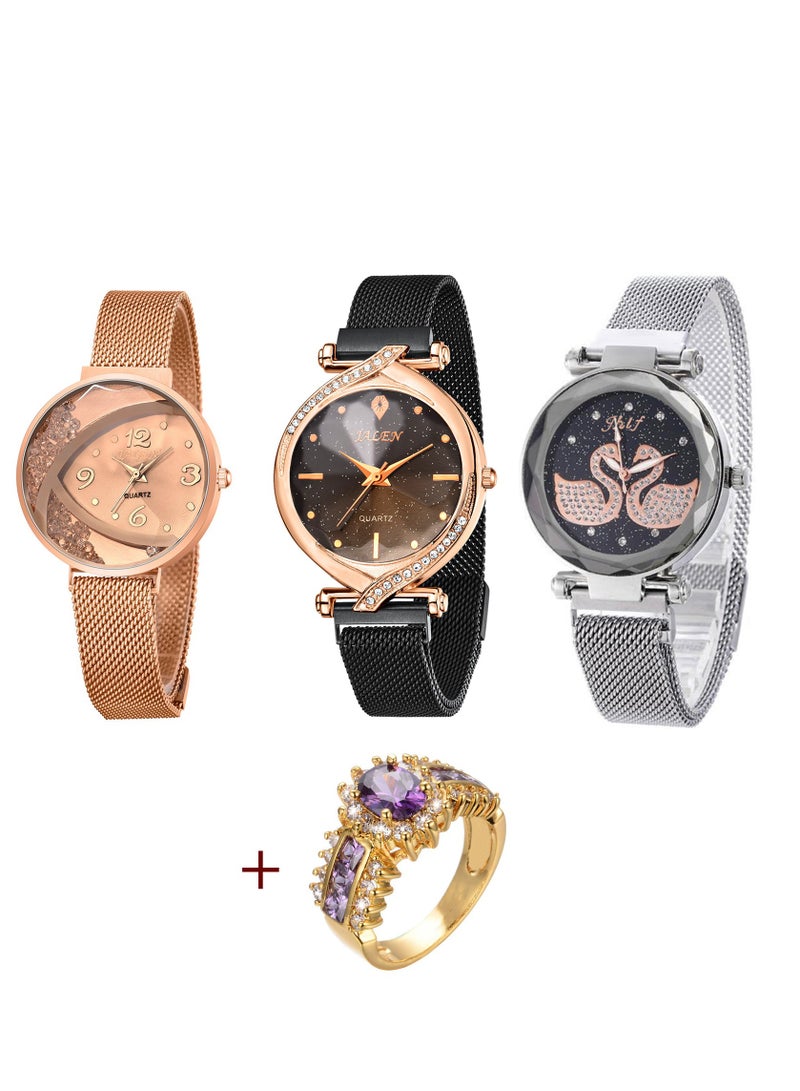 Three Women Wrist Watches with Ring Set Analog  - Image 1
