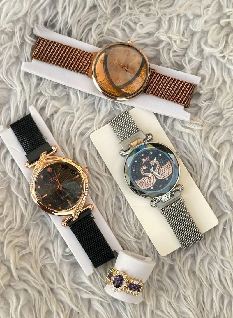 Three Women Wrist Watches with Ring Set Analog  - Image 2