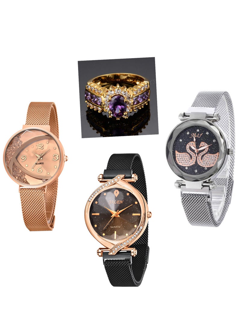 Three Women Wrist Watches with Ring Set Analog  - Image 3