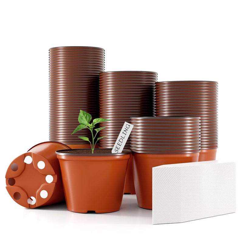 Bluckincle 100 Pcs Plant Nursery Pots, 4 Inch Small Plant Seedling Pots with Labels Plastic Plant Flower Pots with Drainage Holes Indoor Outdoor for Succulent Cutting Transplanting - Image 1