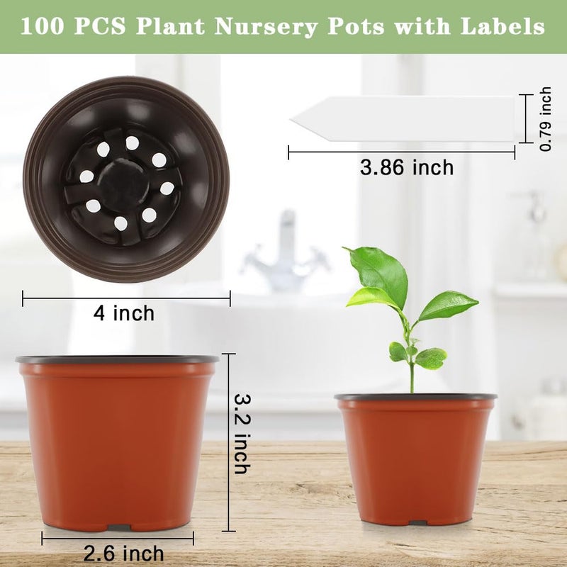 Bluckincle 100 Pcs Plant Nursery Pots, 4 Inch Small Plant Seedling Pots with Labels Plastic Plant Flower Pots with Drainage Holes Indoor Outdoor for Succulent Cutting Transplanting - Image 3