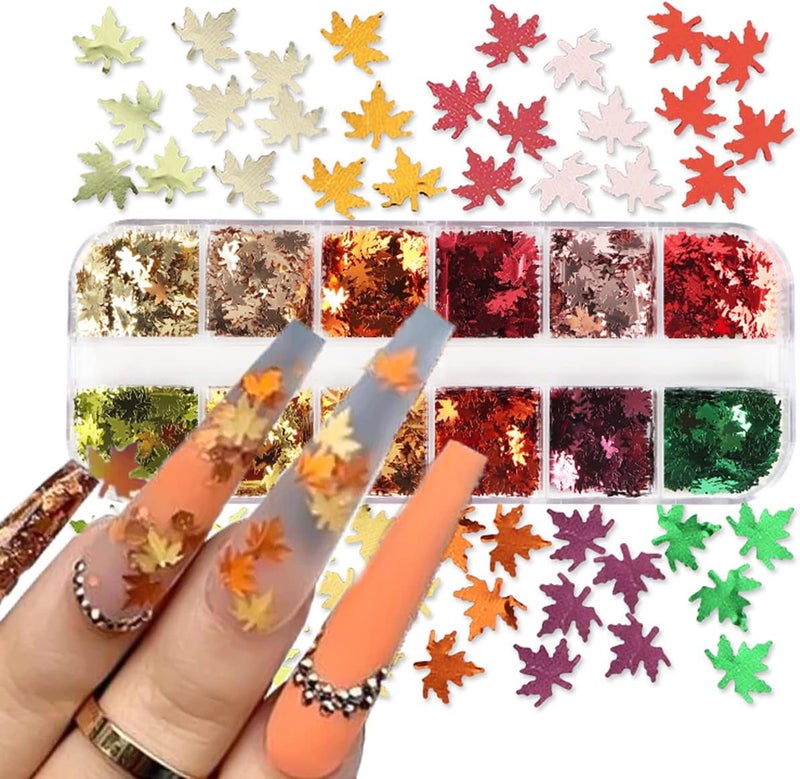3D Maple Leaf Glitter Nail Sequins Fall Nail Stickers Autumn Nail Glitters Holographic Vintage Maple Leaves Nail Designs Sparkly Ultra-Thin Confetti Glitter Decals Thanksgiving for Manicure Decoration