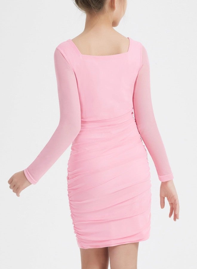 EXARUS Girls Formal Long Sleeve/Spaghetti Strap Dress Teen Party Dance Tween Bodycon Ruched Prom Fitted Cute Dresses, Long Sleeve Pink, 14 Years - Image 3