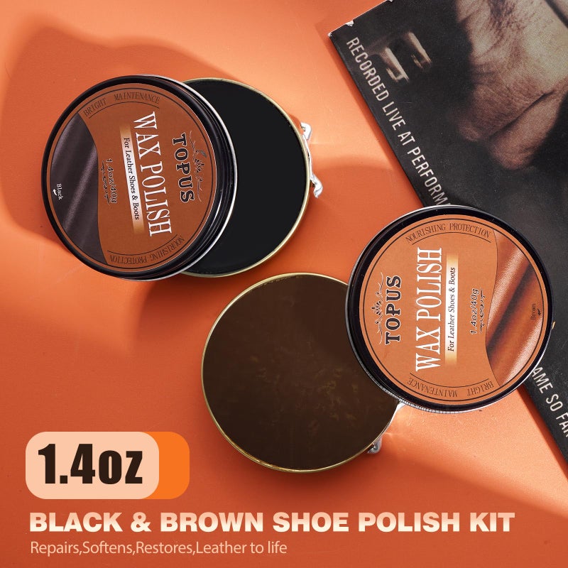 Topus 8pcs Shoe Polish Kit for Leather Boots, 3 Pieces Horse Hair Shoe Brushes, 1.4oz Black & Brown Shoe Shine, 2 Polish Cloths, Leather Shoes and Boots Care Kit - Image 2