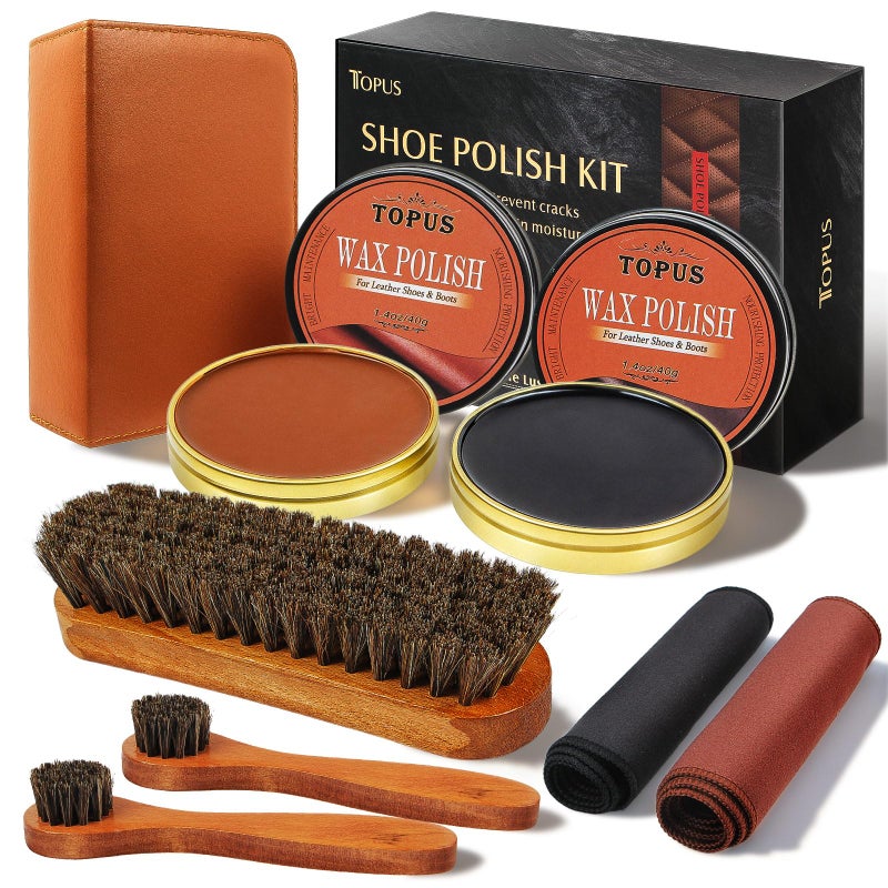 Topus 8pcs Shoe Polish Kit for Leather Boots, 3 Pieces Horse Hair Shoe Brushes, 1.4oz Black & Brown Shoe Shine, 2 Polish Cloths, Leather Shoes and Boots Care Kit - Image 1