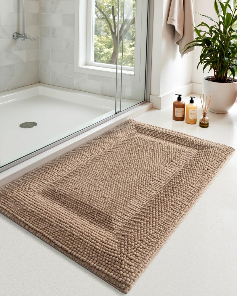 DEXI Bath Mats for Bathroom 16x24, Non Slip Washable Bathroom Rug, Thick Soft Chenille Absorbent Bathmat for Shower Floor, Fluffy Shaggy Carpet for Tub, Dark Beige - Image 3
