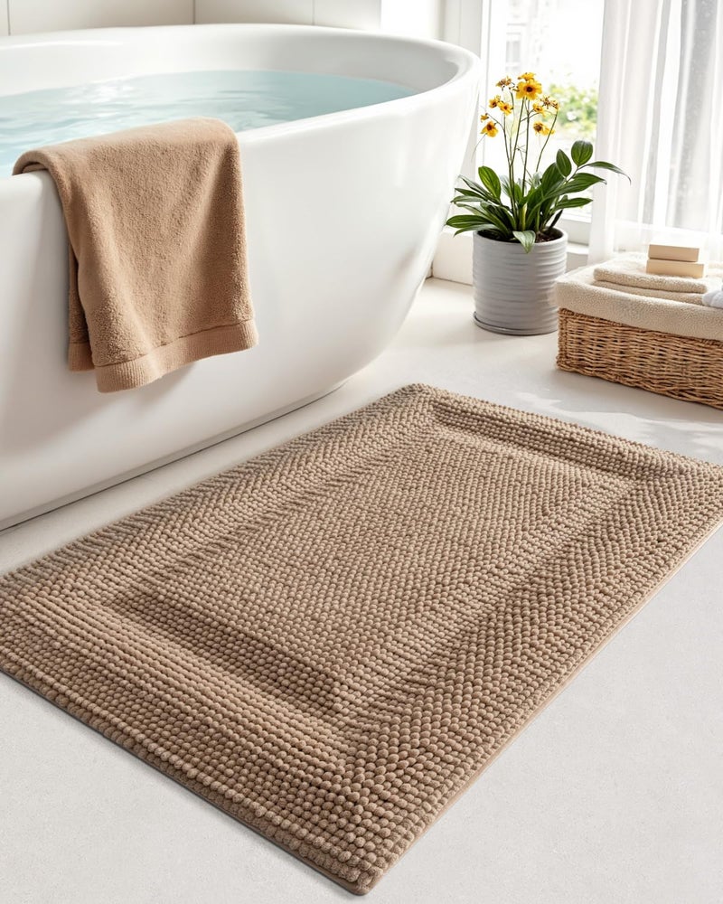 DEXI Bath Mats for Bathroom 16x24, Non Slip Washable Bathroom Rug, Thick Soft Chenille Absorbent Bathmat for Shower Floor, Fluffy Shaggy Carpet for Tub, Dark Beige - Image 5