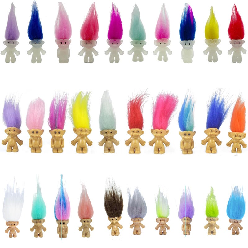 Yintlilocn 30pcs Luminous Mini Troll Dolls Glow in The Dark Vintage Action Figures Troll Dolls 1.2" Bodies, 2.3" Hair. Cake Toppers School Project, Arts and Crafts (30pcs) - Image 1