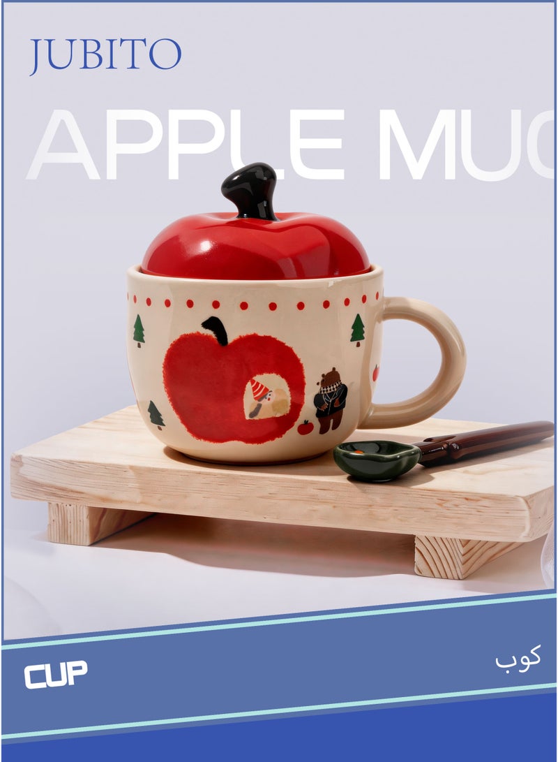 JUBITO cup, ceramic mug, 580ml apple coffee mug, creative cartoon mug with lid and spoon, holiday gift, birthday present. - Image 1