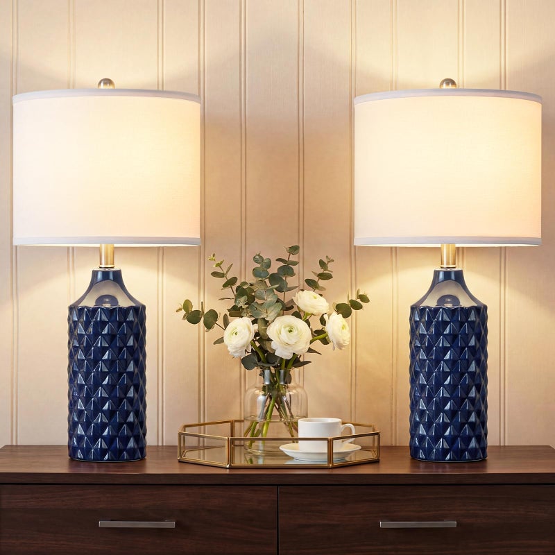 Qingmiao Modern Ceramic Table Lamp, Set of 2 - Navy Blue with Diamond Protrusions Texture, 25'' Nightstand Lamp for Bedroom Living Room, 3-Way Dimmable Included - Image 1