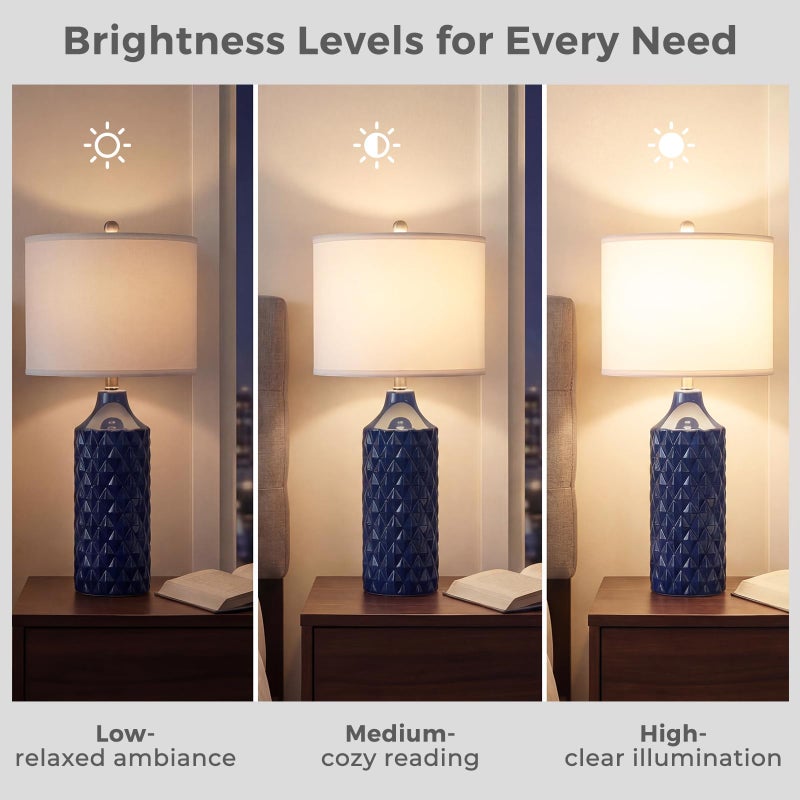 Qingmiao Modern Ceramic Table Lamp, Set of 2 - Navy Blue with Diamond Protrusions Texture, 25'' Nightstand Lamp for Bedroom Living Room, 3-Way Dimmable Included - Image 4