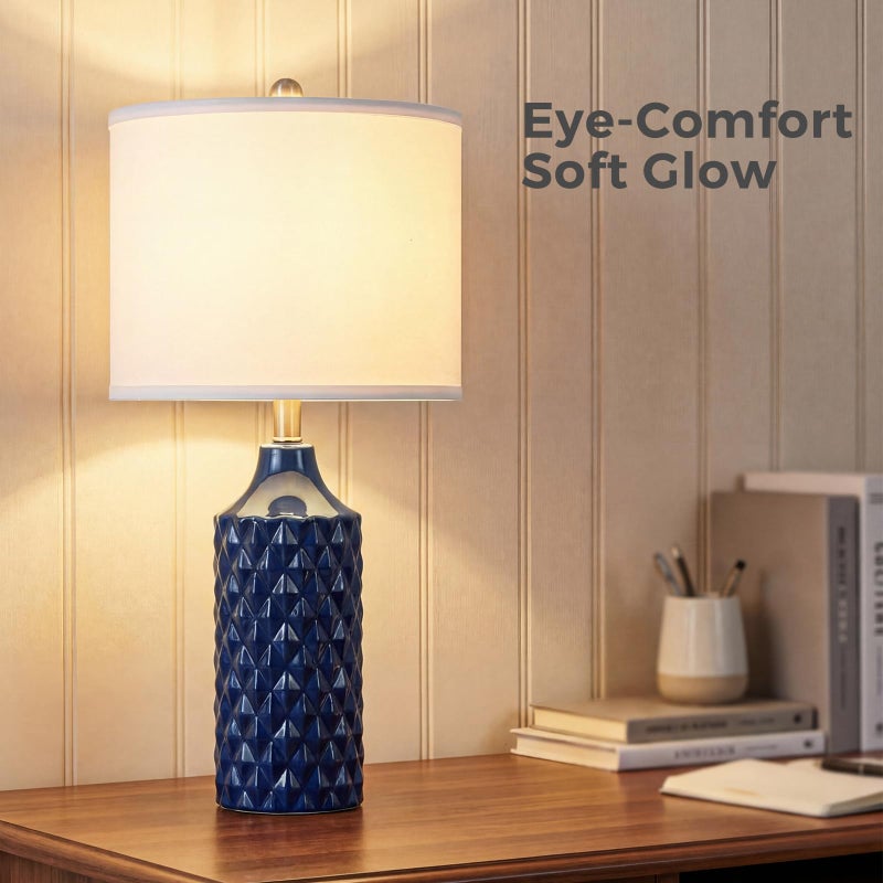 Qingmiao Modern Ceramic Table Lamp, Set of 2 - Navy Blue with Diamond Protrusions Texture, 25'' Nightstand Lamp for Bedroom Living Room, 3-Way Dimmable Included - Image 5