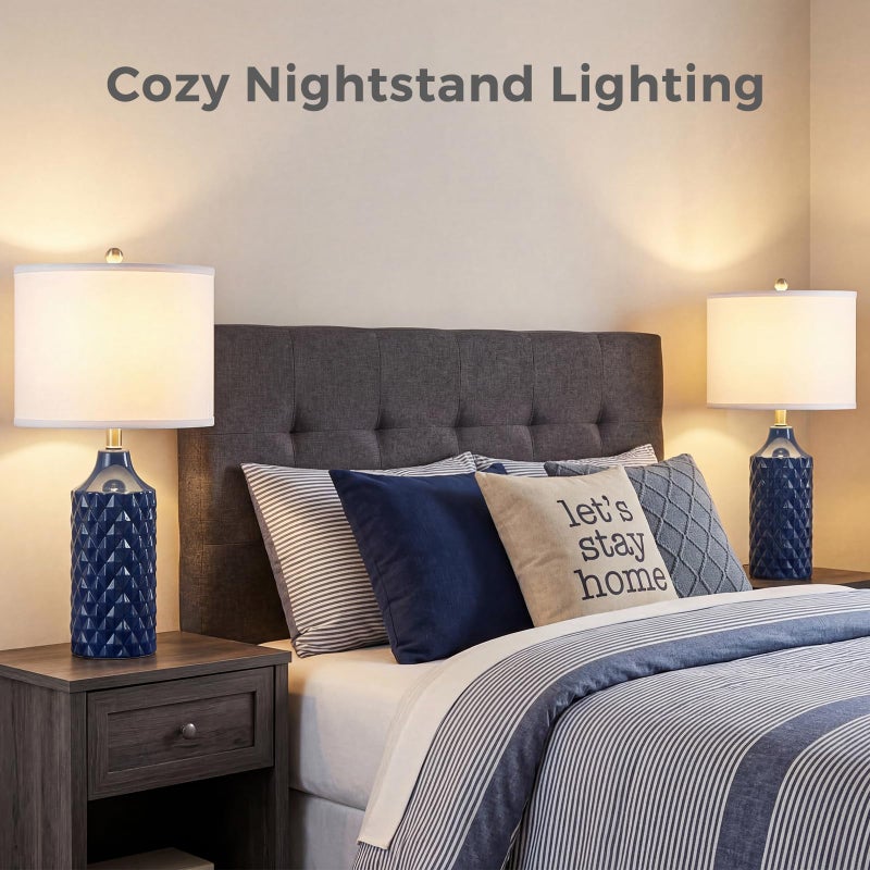 Qingmiao Modern Ceramic Table Lamp, Set of 2 - Navy Blue with Diamond Protrusions Texture, 25'' Nightstand Lamp for Bedroom Living Room, 3-Way Dimmable Included - Image 3