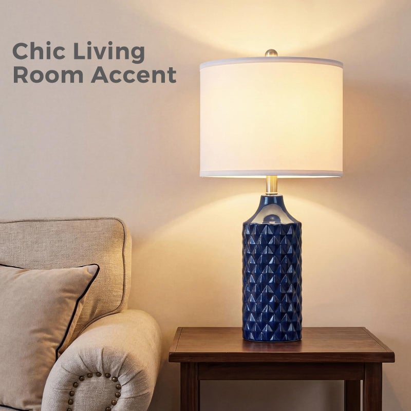 Qingmiao Modern Ceramic Table Lamp, Set of 2 - Navy Blue with Diamond Protrusions Texture, 25'' Nightstand Lamp for Bedroom Living Room, 3-Way Dimmable Included - Image 2