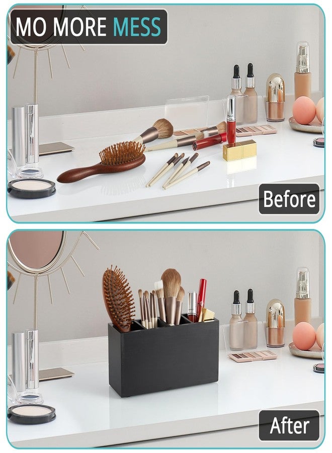 Bivvclaz Pencil Pen Holder for Desk, Wooden Office Desk Organizers and Accessories with 4 Slots for Countertop, Makeup Brush Holder Organizer for Bathroom Vanity, Silverware Caddy for Party, Black - Image 4
