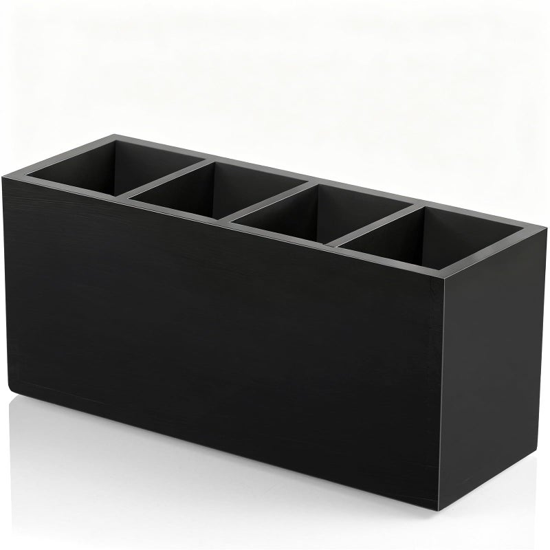 Bivvclaz Pencil Pen Holder for Desk, Wooden Office Desk Organizers and Accessories with 4 Slots for Countertop, Makeup Brush Holder Organizer for Bathroom Vanity, Silverware Caddy for Party, Black - Image 1
