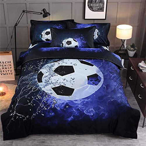 WONGS BEDDING WONGS BEDDING Soccer Duvet Cover Set Twin Sports Blue Flame 3D Printed Soccer Comforter Cover Set with 1 Pillowcase for Kids Boys Soft Microfiber Twin Size 68x 86Not Comforter 