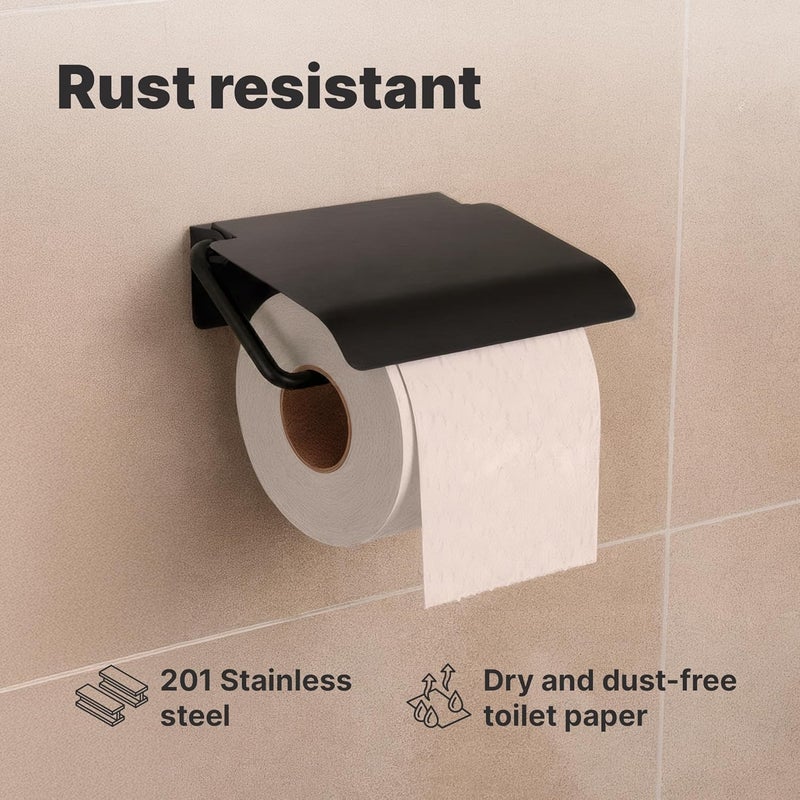 Minismus toilet roll holder with cover, keeps the roll dry and clean, holder including strong adhesive for mounting without drilling and wall screws for secure attachment (Black) - Image 4