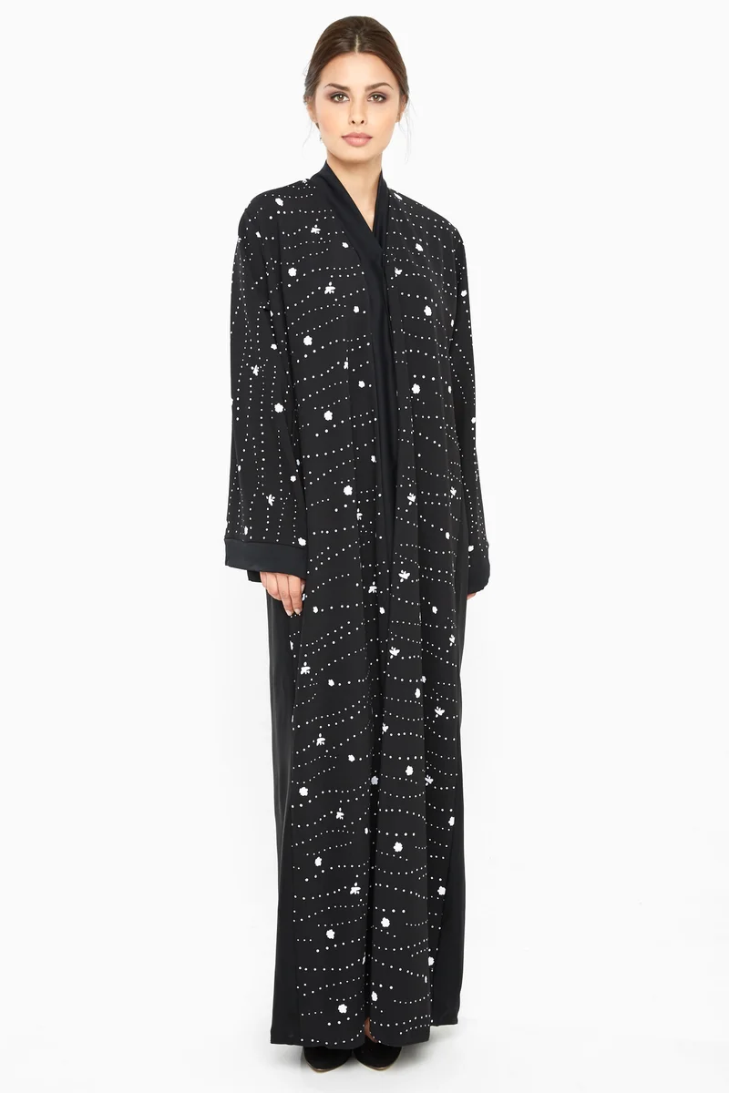 A simple self printed abaya in black and white with scattered polka dots and flowers-Aj373A