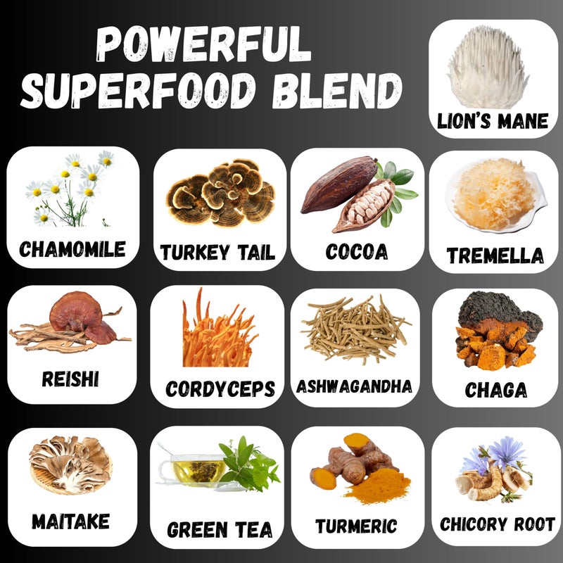 Premium Quality - Mushroom Coffee 240,000mg - 13 Superfood Extract Powder (Lions Mane, Reishi, Ashwagandha & More) Low Caffeine Adaptogens Coffee Alternative for Focus & Energy, 30 Instant Packets by Cafe De Hongos - Image 2