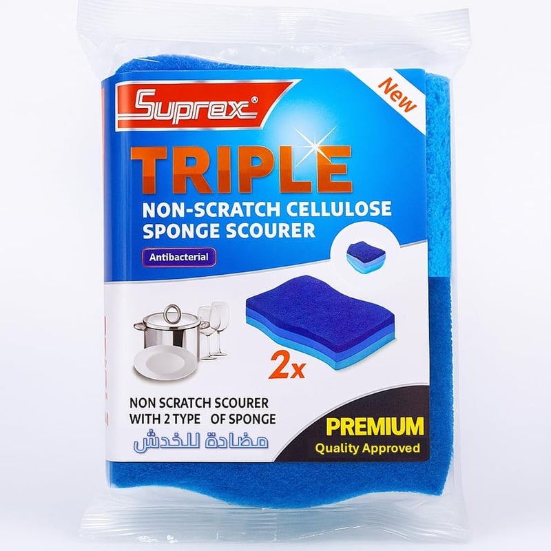 سوبركس Triple Non-Scratch Cellulose Sponge Scourer – فرشاة غسيل أطباق ناعمة مضادة للبكتيريا للأواني المطبخية والزجاج وأسطح المطبخ (عبوة تحتوي على قطعتين) - Image 1