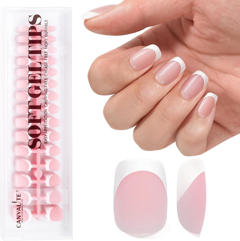 Canvalite 180PCS Short Square Press On Nails Flexible PrePainted White French Tip Gel Nails Nail Tips No File Need DIY Manicure Gifts for Women Glue Not Included