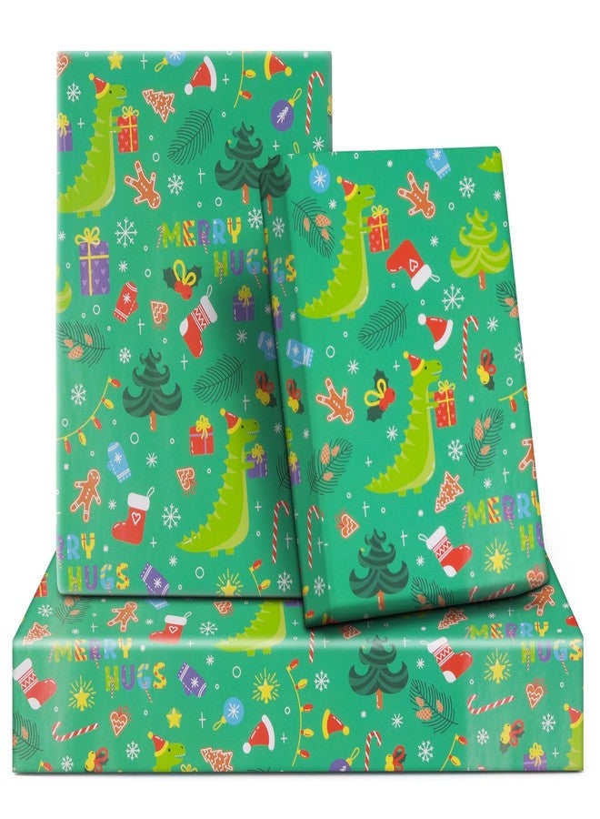 NEPOG Dinosaur Wearing Santa Hats Christmas Wrapping Paper, 6 Sheets Folded Flat 20x28 inches per sheet, Christmas Dinosaur Gift Wrap for Kids Girls Boys Men Women Xmas Decorative Paper and Birthday - Image 1