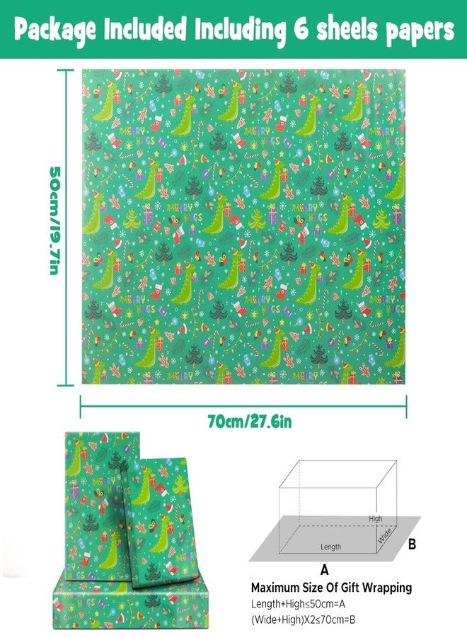 NEPOG Dinosaur Wearing Santa Hats Christmas Wrapping Paper, 6 Sheets Folded Flat 20x28 inches per sheet, Christmas Dinosaur Gift Wrap for Kids Girls Boys Men Women Xmas Decorative Paper and Birthday - Image 2