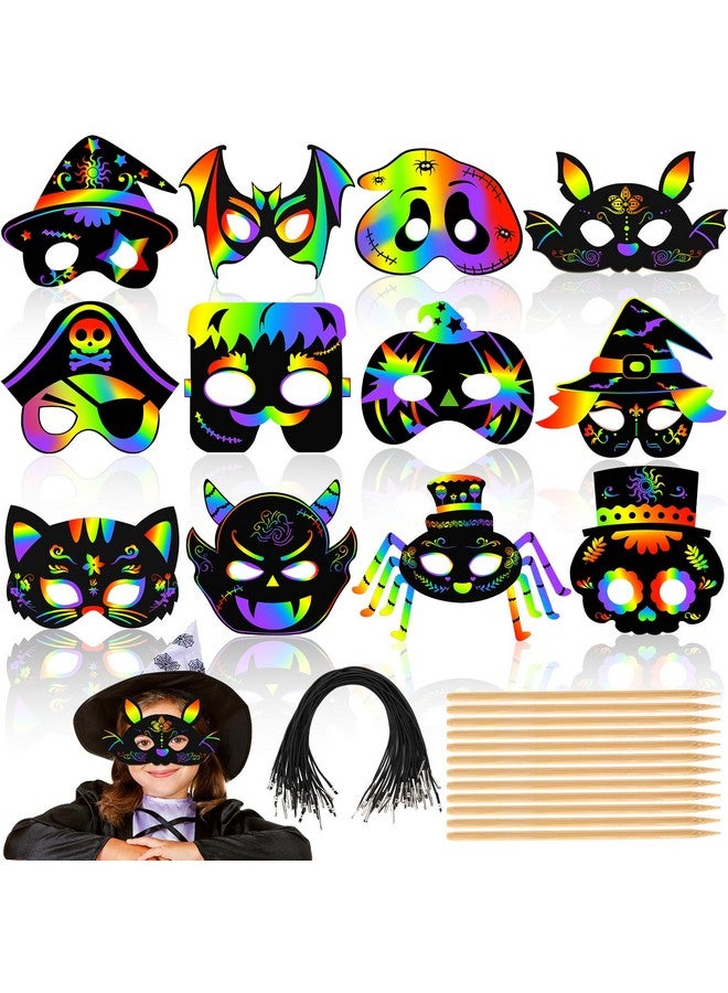 AUGSUN Halloween Crafts, 36PCS Rainbow Scratch Mask for Halloween Party Favors Supplies Cute Pumpkin Bat Witch Skull Magic Scratch Paper Art Mask for Kids Halloween Party Games - Image 1
