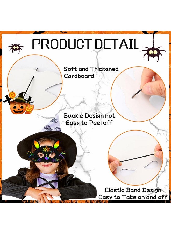 AUGSUN Halloween Crafts, 36PCS Rainbow Scratch Mask for Halloween Party Favors Supplies Cute Pumpkin Bat Witch Skull Magic Scratch Paper Art Mask for Kids Halloween Party Games - Image 4