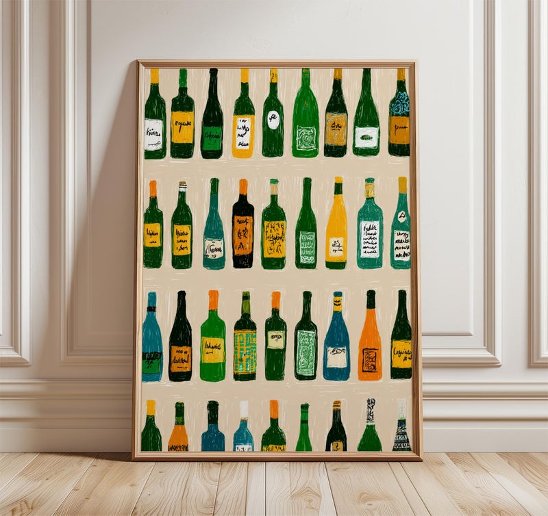 TNESSENTIAL Colorful Wine Bottle Art Print, Modern Kitchen Bar Decor - Image 1
